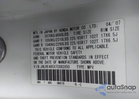 2007 Honda Cr-V Ex from USA, damaged, VIN JHLRE485X7C082850